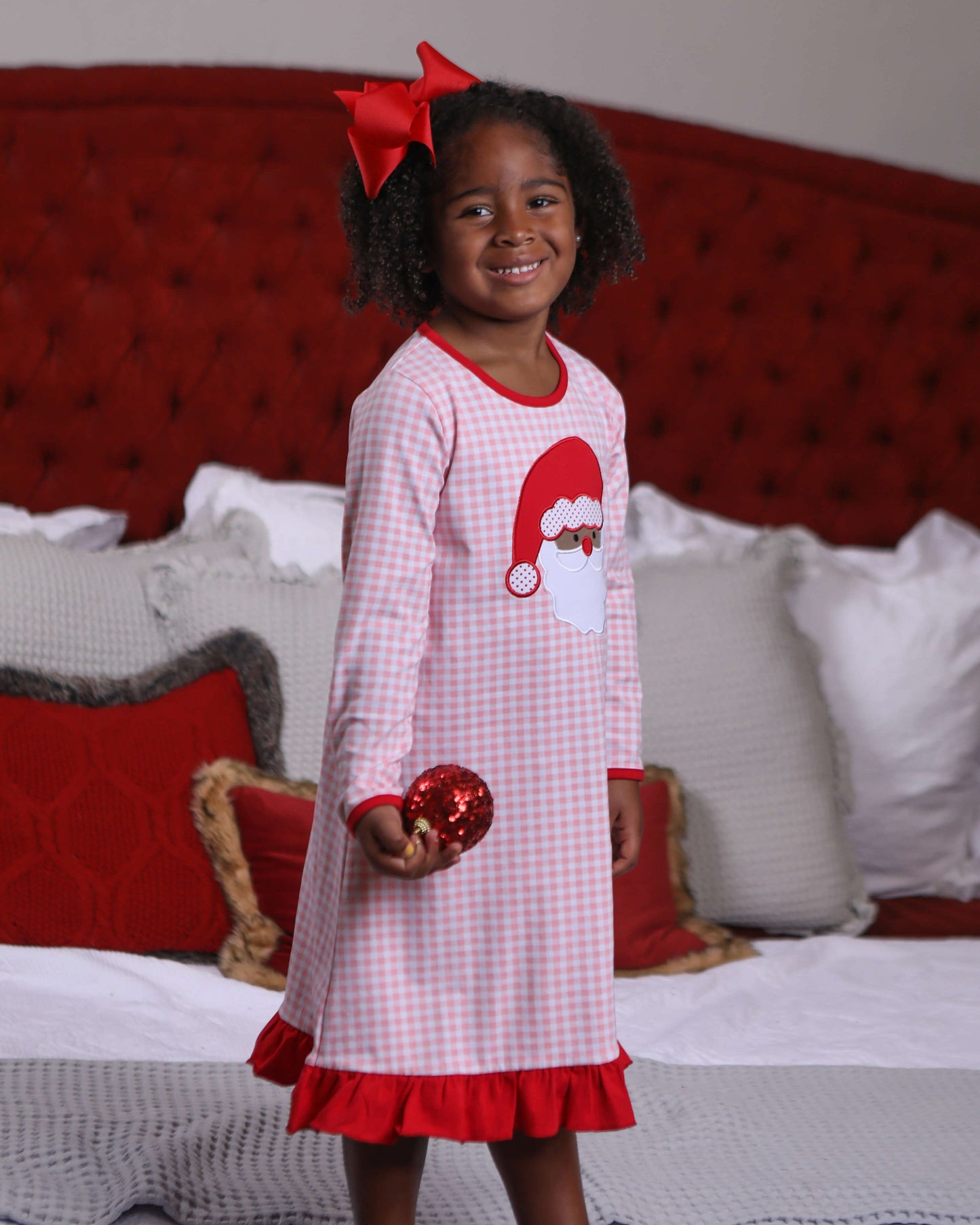 Santa Face Pink Gingham Dress - Dark Skin