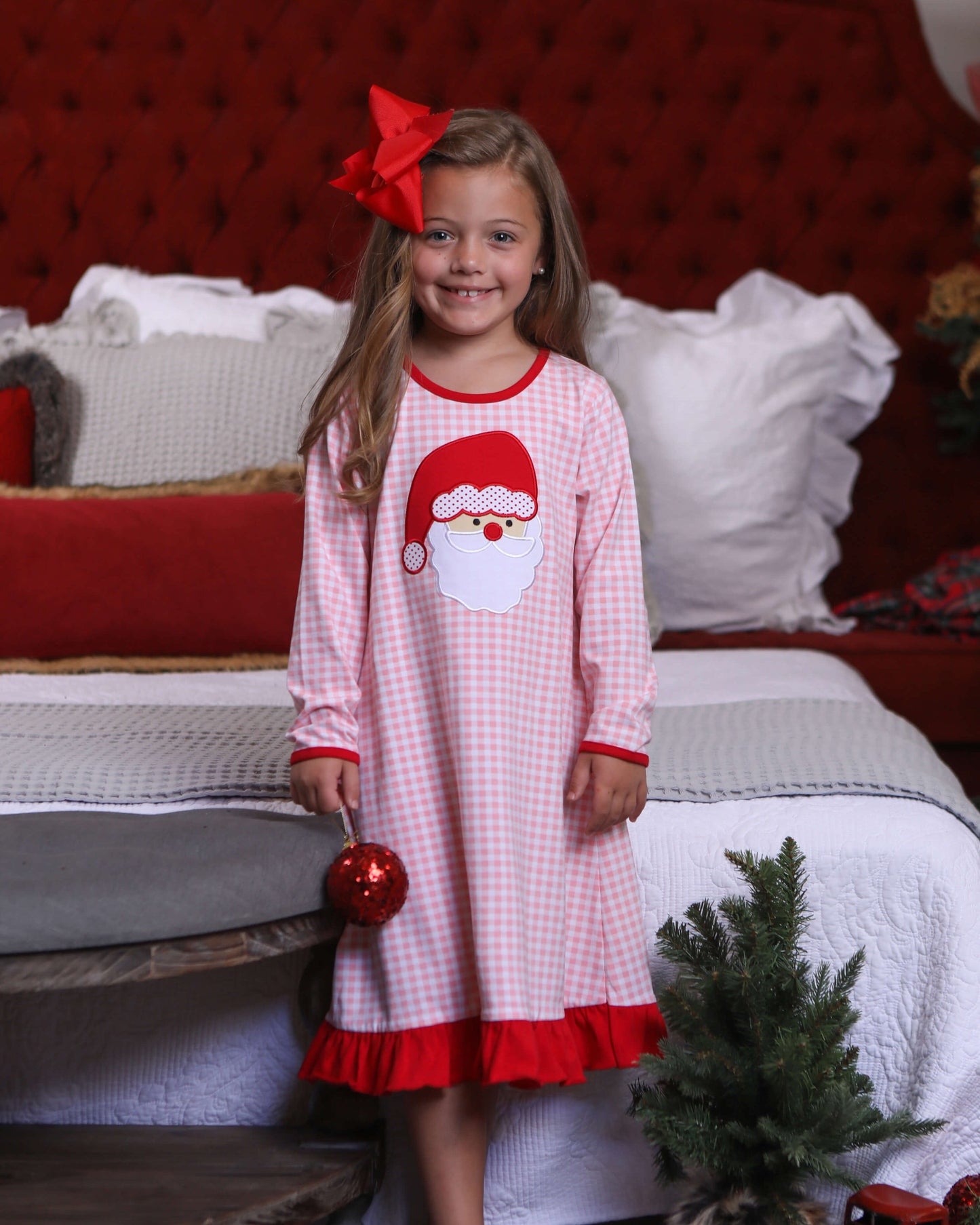 Santa Face Pink Gingham Dress - Light Skin