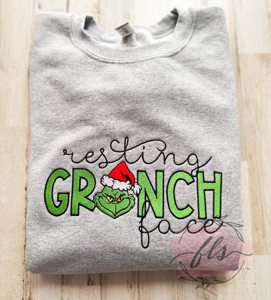 Resting Grinch Face Embroidered Sweatshirt - PRE Black Friday Deal