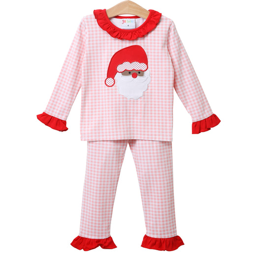 Santa Face Pink Gingham Ruffle Set - Dark Skin